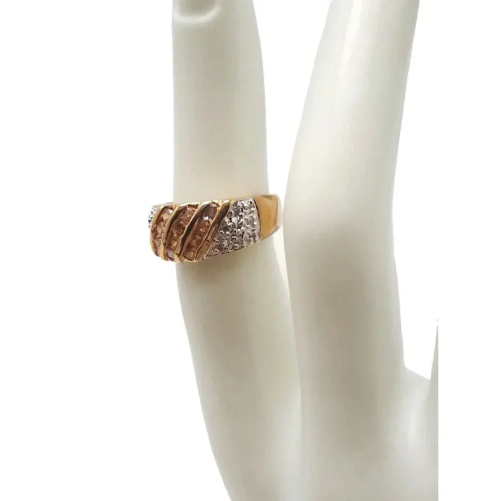 Dual Gold Silver Toned Clear Peach Rhinestone Band Ring Size 5.5